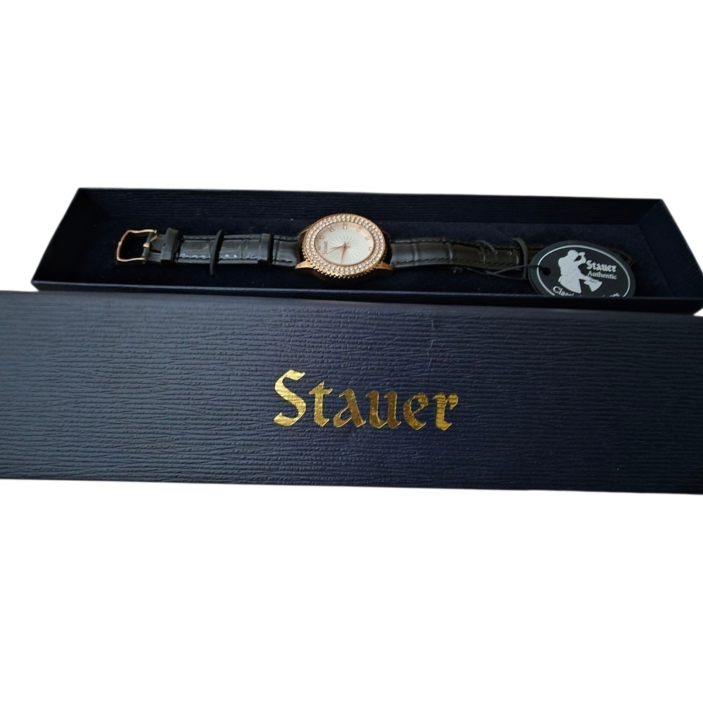 Stauer Women's Black and Gold Crystal Watch New Box